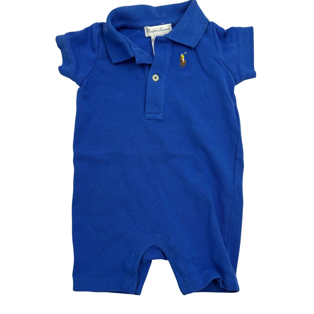 Ralph Lauren Royal Blue Polo Romper with Yellow Pony